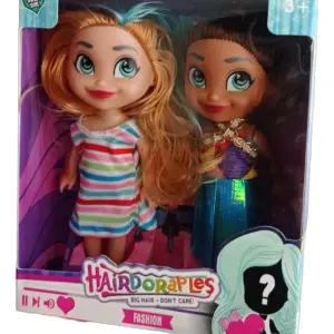 Set de dos muñecas Hairdorables Fashion con cabello largo, una rubia con vestido de rayas y otra morena con vestido colorido.