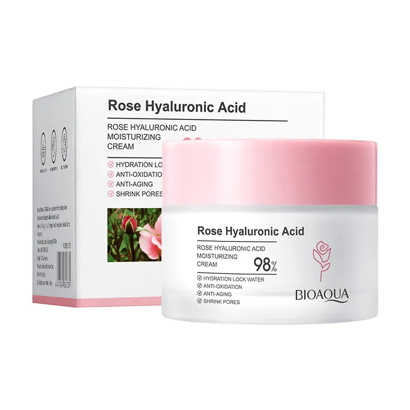Crema hidratante facial Bioaqua con ácido hialurónico y rosa, tarro blanco con tapa rosa y caja blanca con detalles florales.