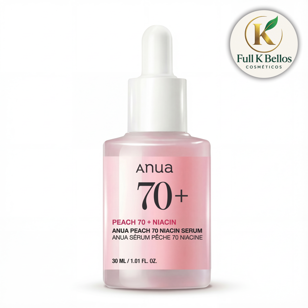 Serum Anua Peach 70 + Niacin en frasco rosado con gotero, presentación de 30 ml para iluminar y unificar el tono de la piel.