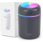 Humidificador aromatizador gris mate con luces LED RGB multicolor y puerto USB. Al fondo, empaque con la variante de color blanco.