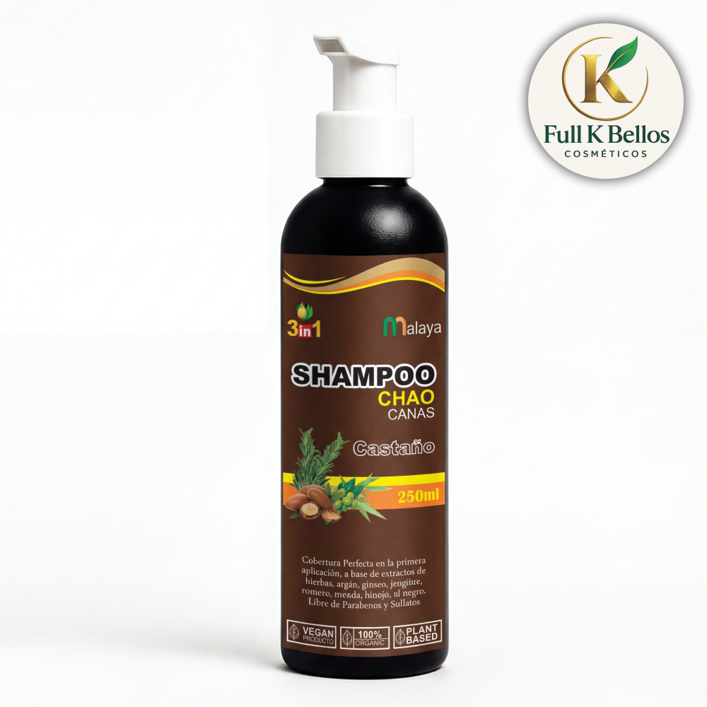 Shampoo Malaya Chao Canas para cubrir canas, tono castaño de 250 ml con dispensador blanco y diseño de ingredientes naturales.