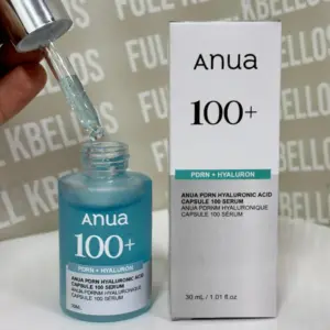 Serum facial Anua 100+ PDRN con hialurónico de 30 ml en botella azul con gotero y caja plateada abierta.