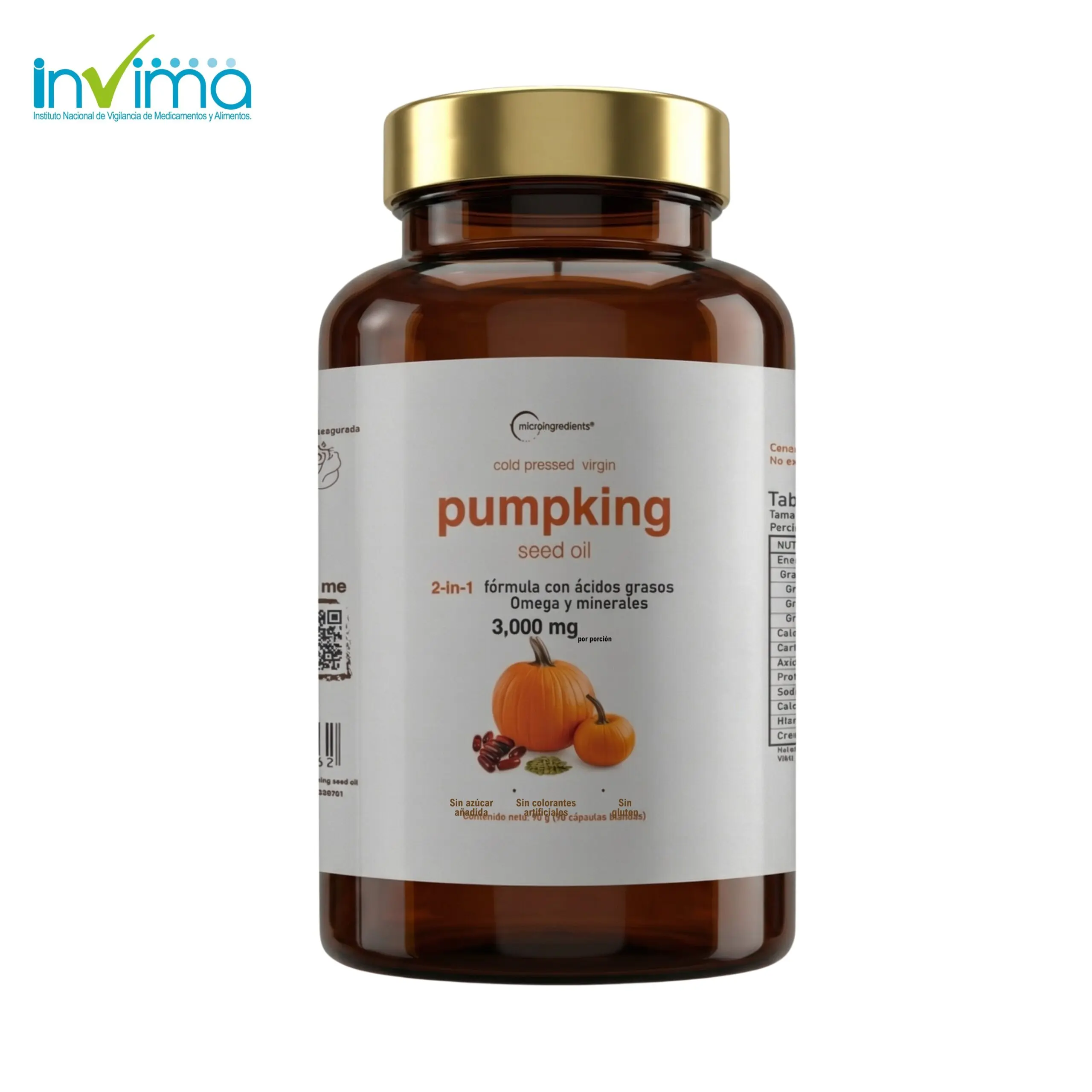 Frasco de vidrio ámbar con tapa dorada de aceite de semilla de calabaza prensado en frío de 3000 mg, con etiqueta blanca y diseño de calabazas.