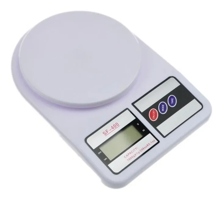 Balanza de cocina digital blanca SF400 de uso doméstico con plataforma redonda y pantalla LCD frontal, vista en ángulo superior.