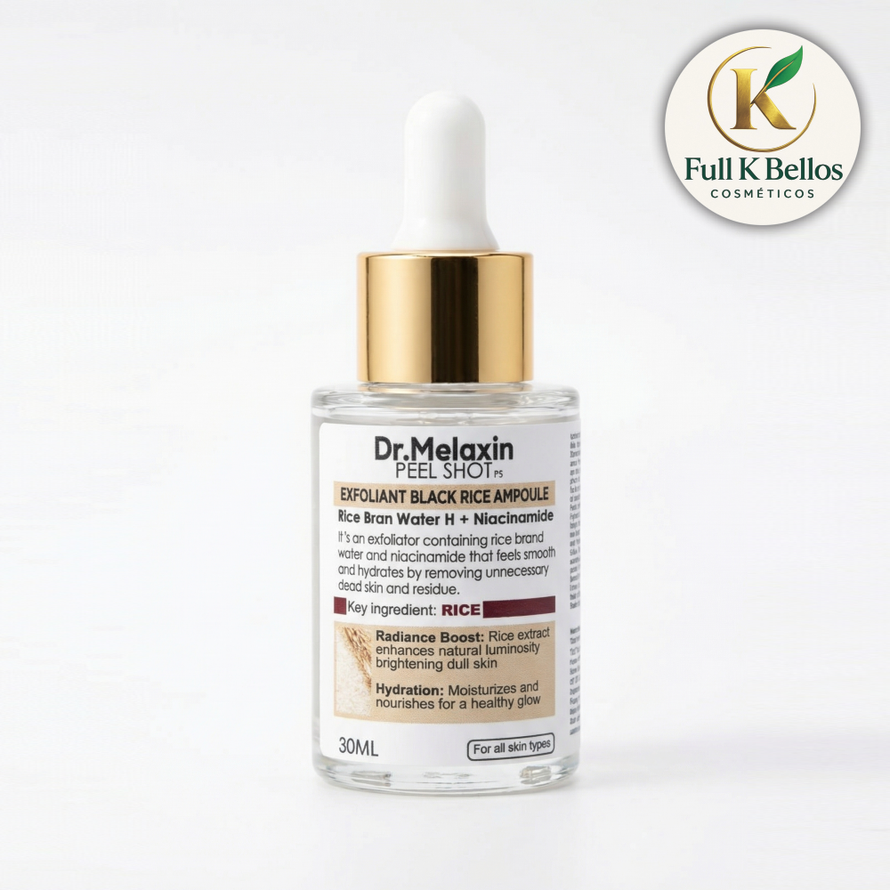 Ampolla exfoliante Dr. Melaxin Peel Shot de arroz negro y niacinamida en frasco de 30 ml con gotero y tapa dorada sobre fondo blanco.