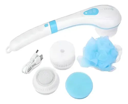 Kit de cepillo eléctrico para ducha blanco y azul con mango ergonómico, cabezales giratorios, esponja azul y cable de carga.