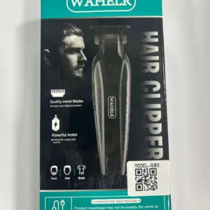 Caja verde y negra de cortapelos Wahelr modelo 589 con de hombre barbado, máquina negra de corte preciso y etiqueta QR visible.