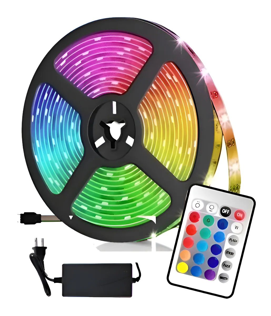 Carrete de cinta LED RGB con degradado multicolor, control remoto blanco con botones de colores y adaptador de corriente negro.