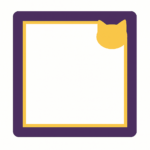 Marco cuadrado decorativo morado con borde interno amarillo y un distintivo diseño de silueta de gato en la esquina superior derecha.