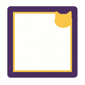 Marco cuadrado decorativo morado con borde interno amarillo y un distintivo diseño de silueta de gato en la esquina superior derecha.