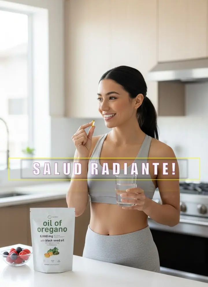 Mujer sonriente en cocina tomando cápsula blanda de aceite de orégano con semilla negra 6,000 mg junto a vaso de agua y frutos rojos.