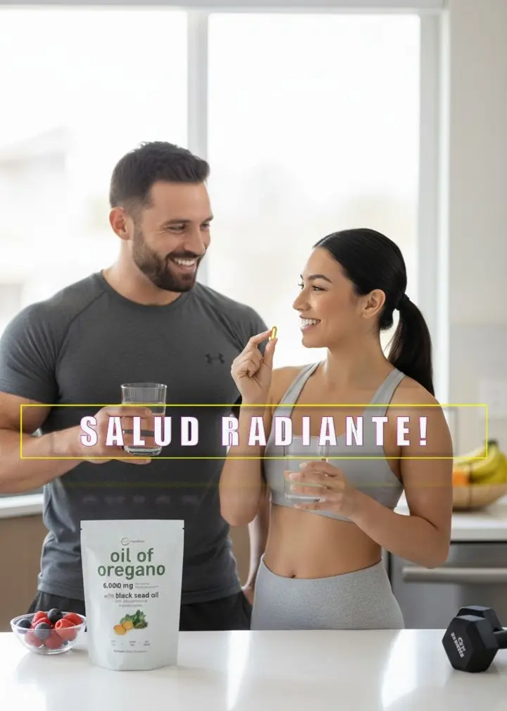 Pareja sonriente en cocina tomando cápsulas de aceite de orégano con semilla negra y vaso de agua junto a bolsa de 6.000 mg