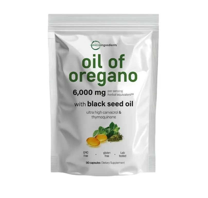 Bolsa blanca brillante de aceite de orégano y semilla negra con 90 cápsulas, diseño minimalista y letras verdes.