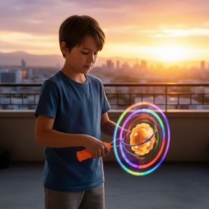Niño usando yoyo giroscópico con anillos de luces LED multicolor y lanzador naranja en una terraza al atardecer.