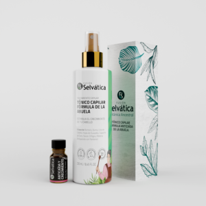 Dúo anticaída capilar con tónico de 250 ml en botella blanca con spray dorado, ampolleta pequeña y caja con diseño botánico verde.