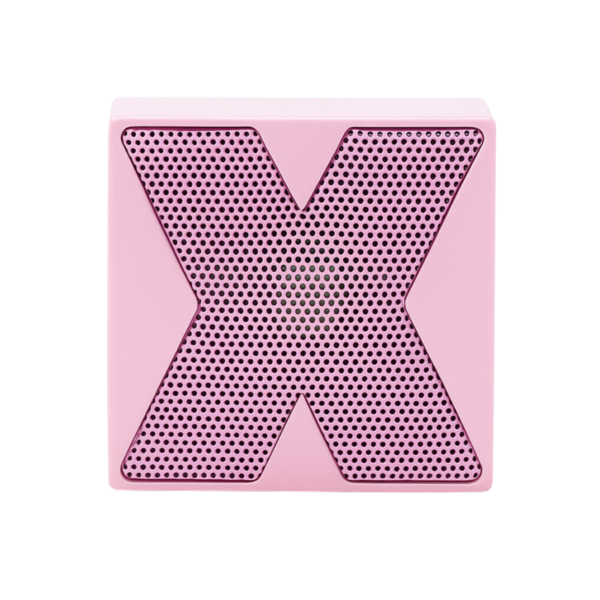 Mini parlante portátil Bluetooth rosa de diseño cuadrado con rejilla metálica perforada en forma de X y micrófono integrado.