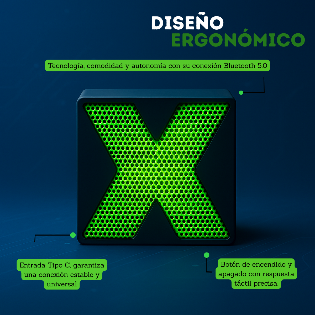 Mini parlante inalámbrico con rejilla verde en forma de X, diseño cuadrado y conectividad Bluetooth 5.0 con puerto USB tipo C.