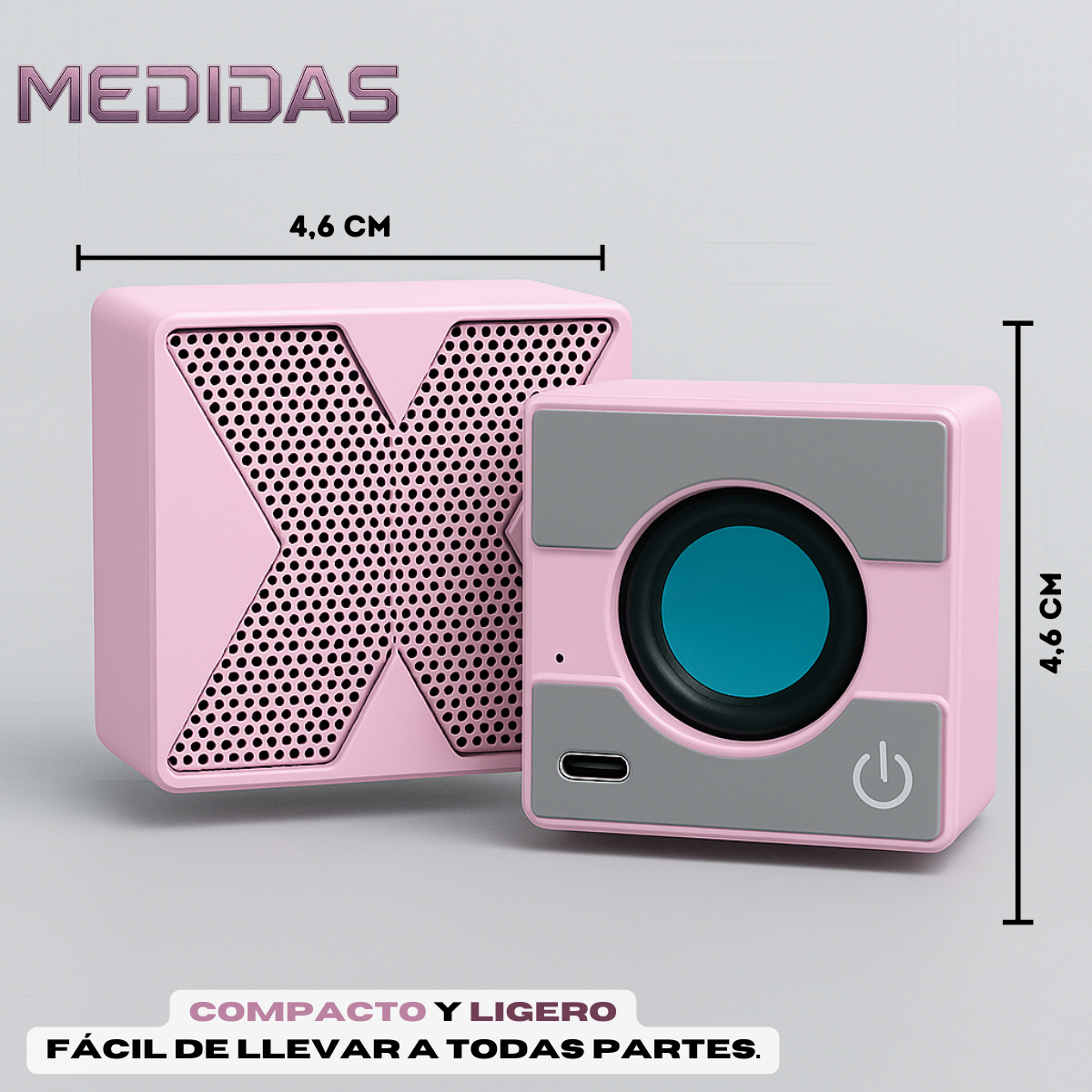 Set de dos mini parlantes portátiles bluetooth de color rosa con diseño cuadrado de 4,6 cm y detalles grises.