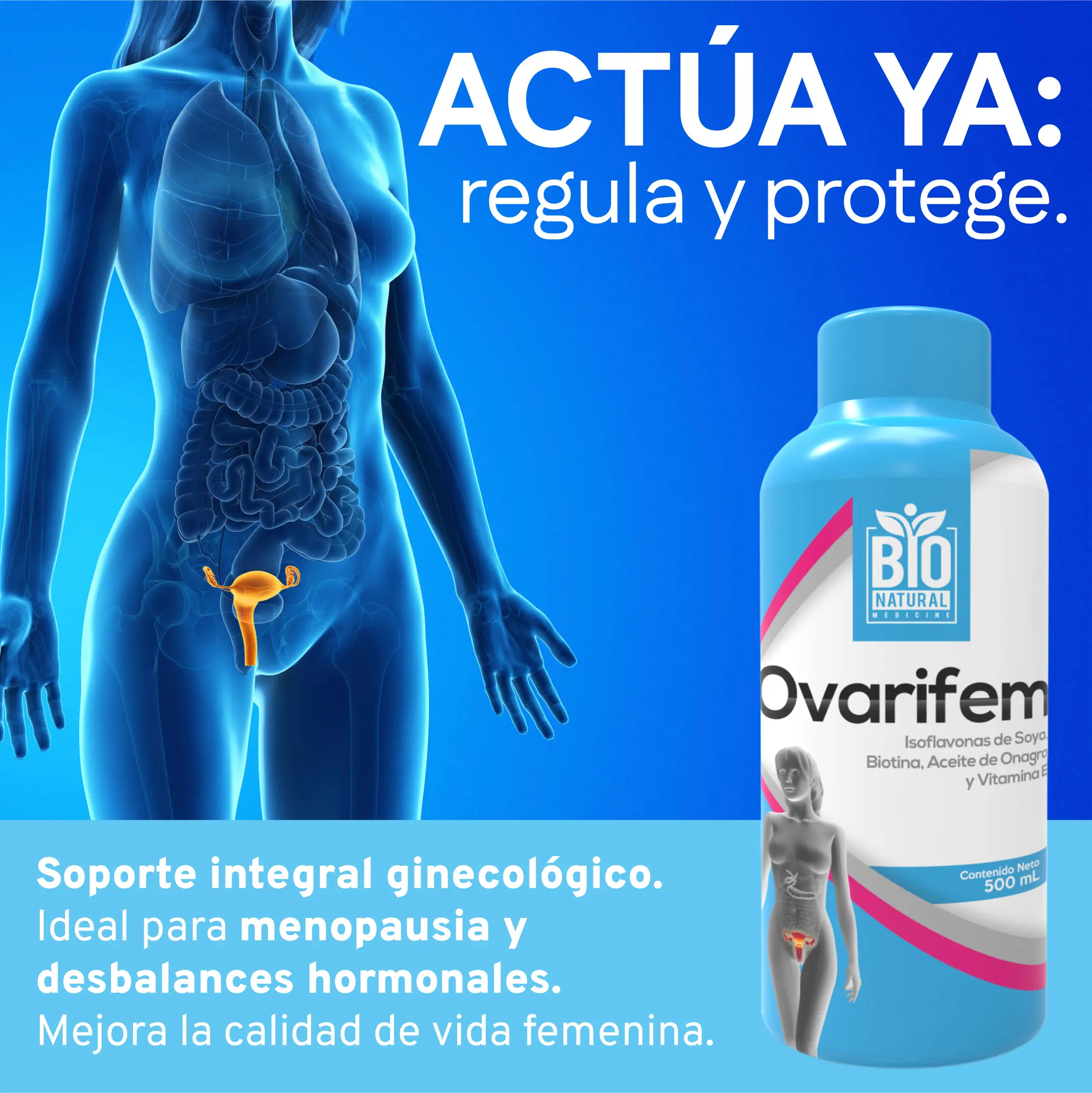 Jarabe Ovarifem de 500 ml para la menopausia, con isoflavonas de soya y aceites naturales, junto a silueta de mujer y órganos pélvicos resaltados.