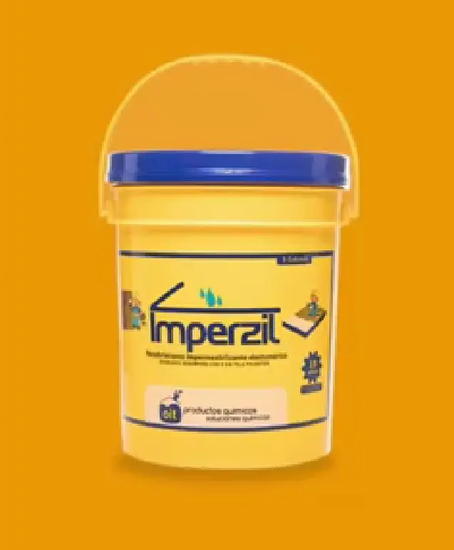 Balde amarillo de 5 galones de impermeabilizante acrílico elastomérico Imperzil con tapa azul, diseñado para proteger estructuras contra la humedad.