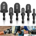 Set de 6 expansores de tubos de cobre negros para taladro, con medidas grabadas de 1/4 a 7/8 pulgadas, mostrando su uso en instalaciones de refrigeración.