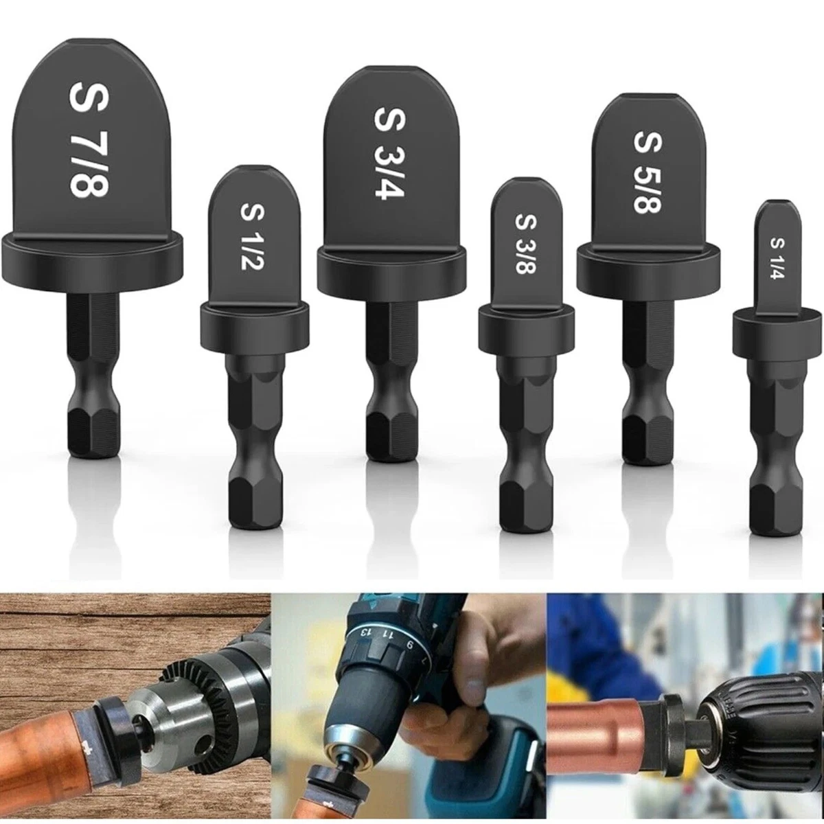 Set de 6 expansores de tubos de cobre negros para taladro, con medidas grabadas de 1/4 a 7/8 pulgadas, mostrando su uso en instalaciones de refrigeración.