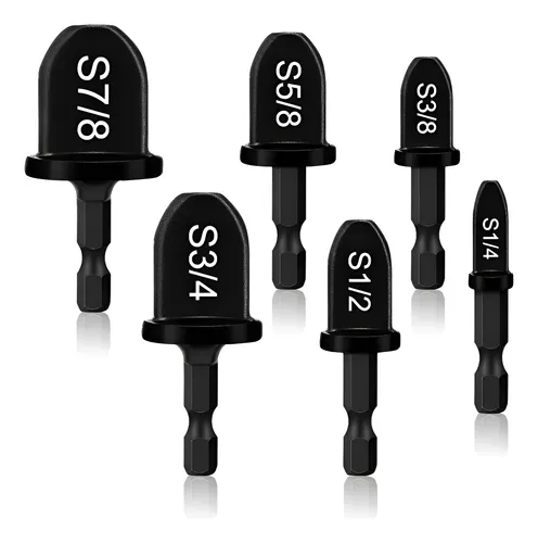 Set de 6 brocas expansoras negras para tubos de cobre con vástago hexagonal, medidas grabadas de 1/4, 3/8, 1/2, 5/8, 3/4 y 7/8 pulgadas.