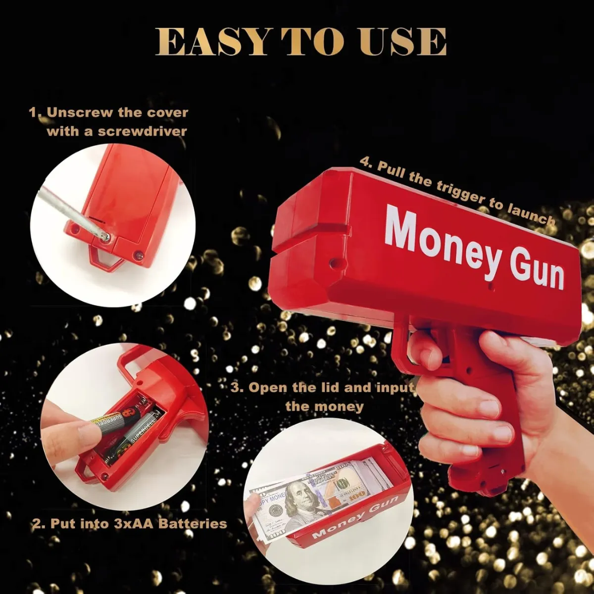 Pistola lanzadora de dinero roja de plástico con la inscripción "Money Gun", instrucciones en inglés y diagrama de uso paso a paso.