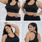 Top deportivo negro de tallas plus con soporte firme, escote redondo, espalda deportiva y banda ancha de ajuste, mostrado desde diferentes ángulos en una modelo.