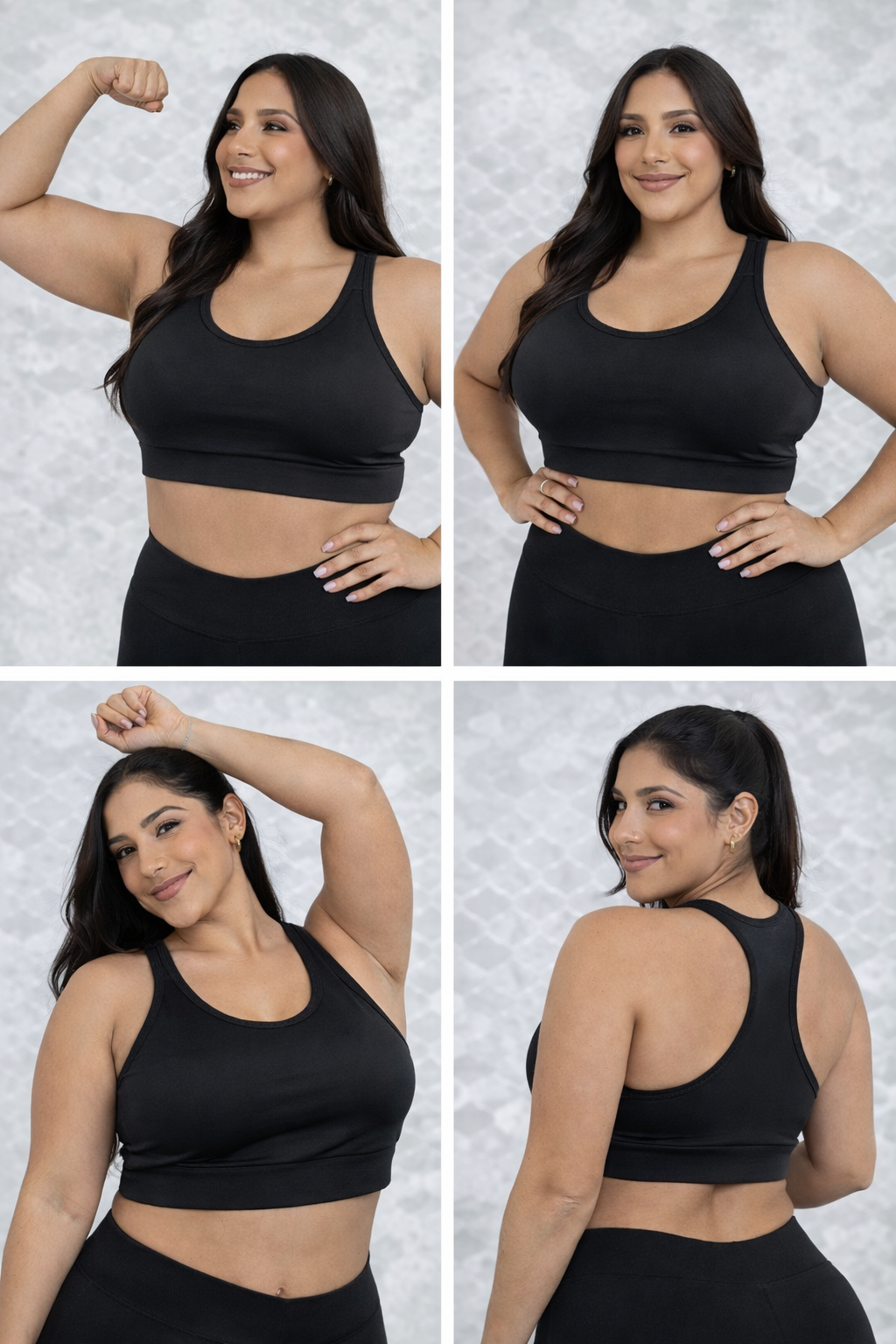Top deportivo negro de tallas plus con soporte firme, escote redondo, espalda deportiva y banda ancha de ajuste, mostrado desde diferentes ángulos en una modelo.