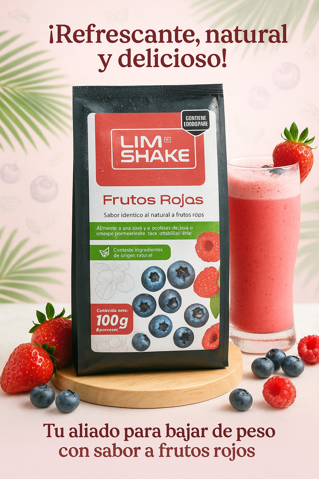 Empaque de 100g de batido en polvo sabor frutos rojos sobre base de madera, acompañado de vaso con batido, fresas y arándanos frescos.