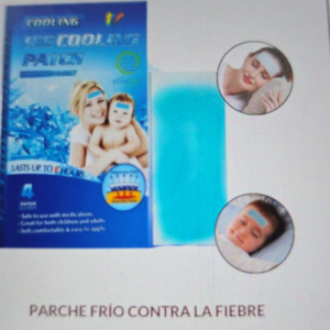 Caja azul de parches fríos con una tira de gel celeste desplegada y fotos circulares de una mujer y un bebé usándolos en la frente.