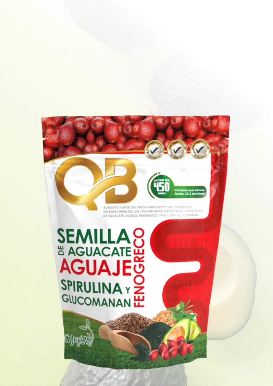 Bolsa de suplemento QB con semilla de aguacate, aguaje, espirulina, glucomanan y fenogreco. Empaque blanco y rojo con ilustraciones naturales.