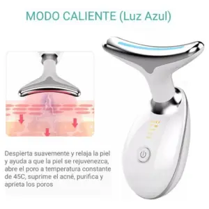 Masajeador facial y corrector de papada blanco con cabezal ergonómico, luz azul y modo caliente a 45 grados para rejuvenecer y purificar la piel.