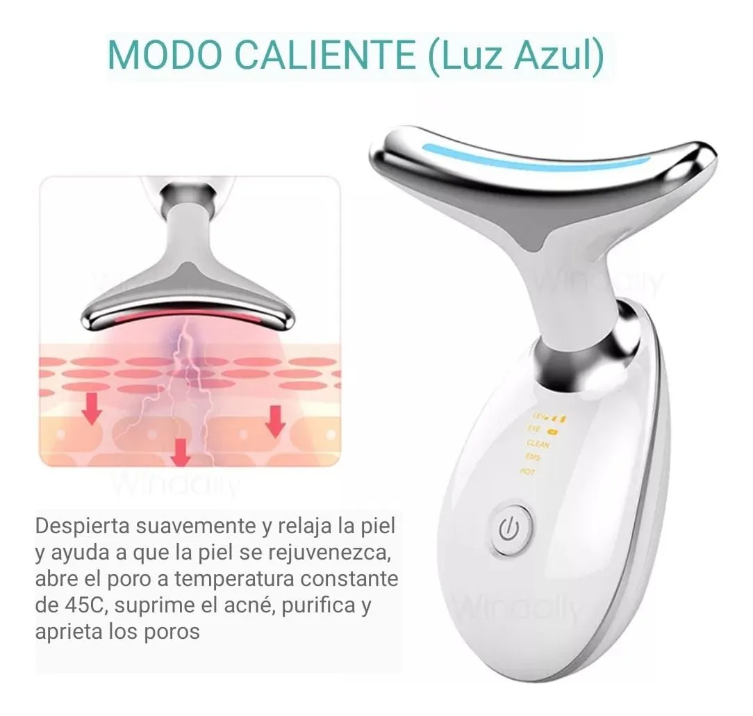 Masajeador facial y corrector de papada blanco con cabezal ergonómico, luz azul y modo caliente a 45 grados para rejuvenecer y purificar la piel.