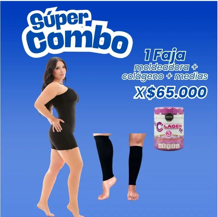 Combo de bienestar con enterizo moldeador negro, frasco de colágeno y medias negras largas de compresión sobre fondo azul.