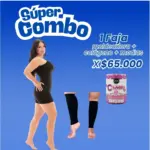 Combo bienestar con enterizo moldeador negro corto, tarro de colágeno rosa y medias de compresión negras. Precio sesenta y cinco mil pesos.