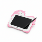 Tablet pizarra digital infantil de 8 pulgadas con diseño de unicornio rosa y blanco, incluye lápiz óptico negro sobre fondo blanco.