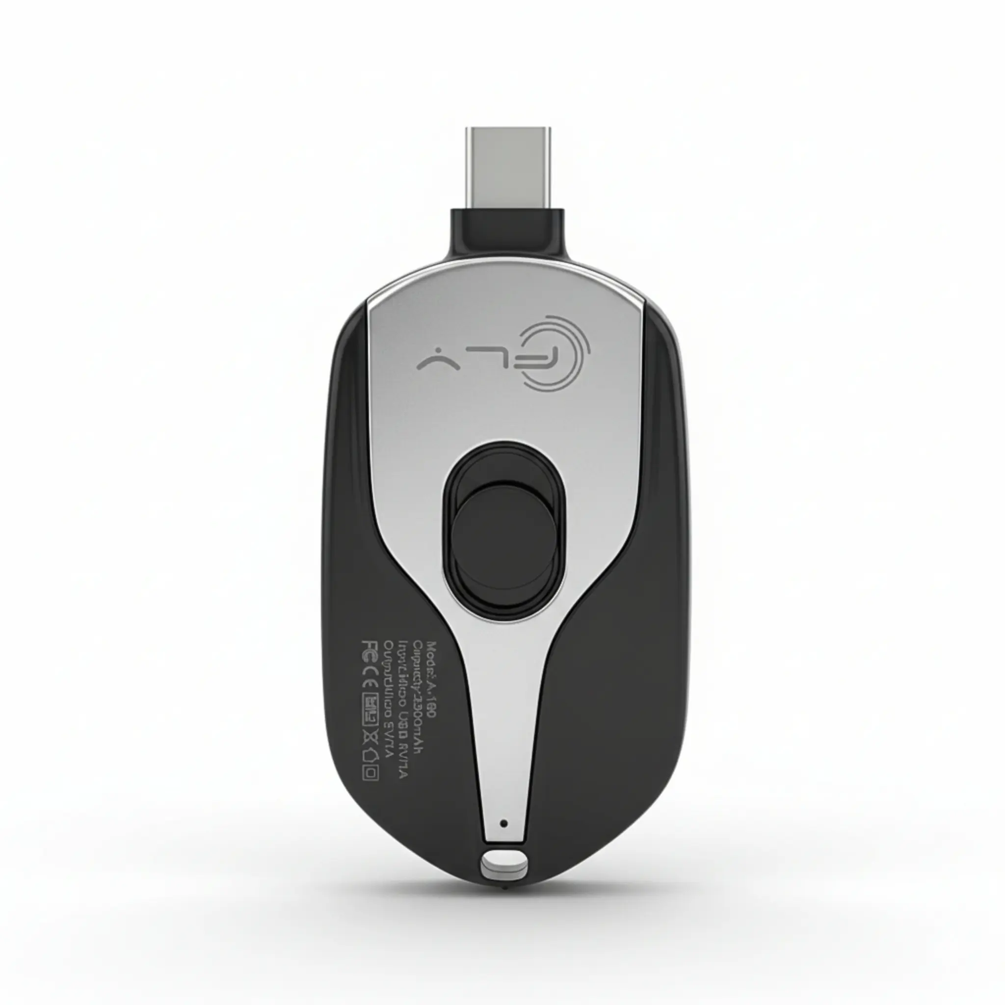 Mini powerbank de llavero color negro con detalles plateados, puerto USB-C, capacidad de 2300 mAh y diseño compacto para carga de emergencia.