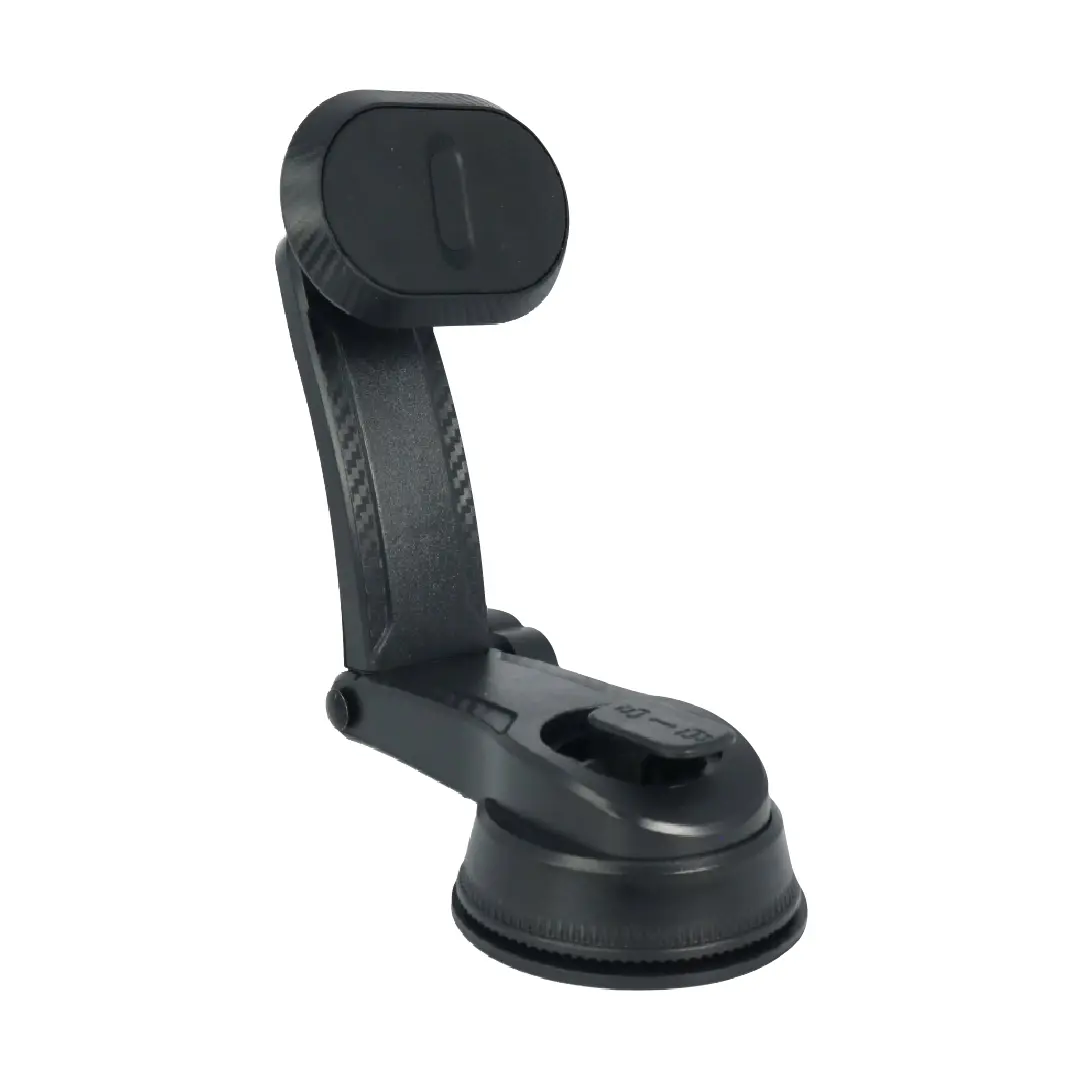 Soporte magnético negro para celular de auto con brazo articulado, base de ventosa y diseño texturizado en fibra de carbono.
