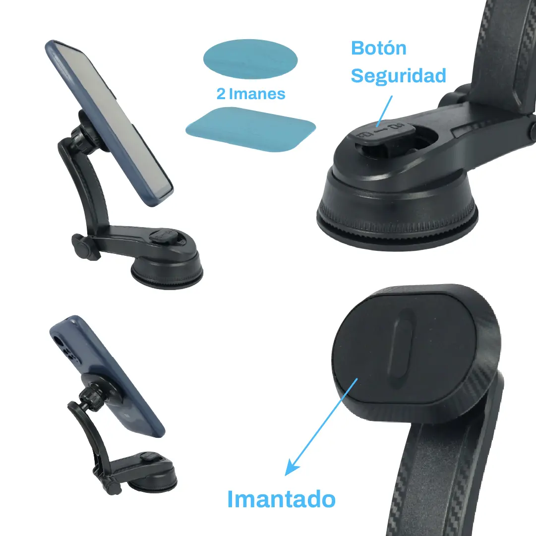 Soporte magnético negro para celular de auto con brazo articulado, ventosa y base con botón de seguridad, incluye dos imanes adhesivos.