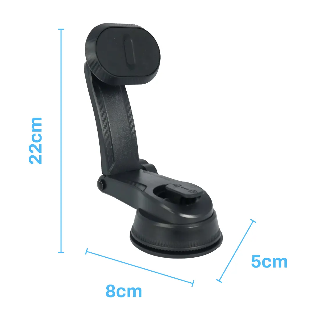 Soporte magnético negro para celular de auto con brazo articulado, base de ventosa de 8x5 cm y altura total de 22 cm.