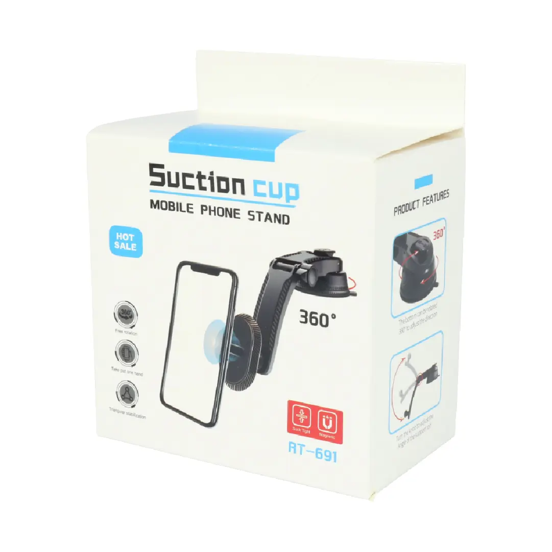 Caja de cartón blanca de un soporte magnético para celular con brazo articulado negro y base de succión modelo RT-691.