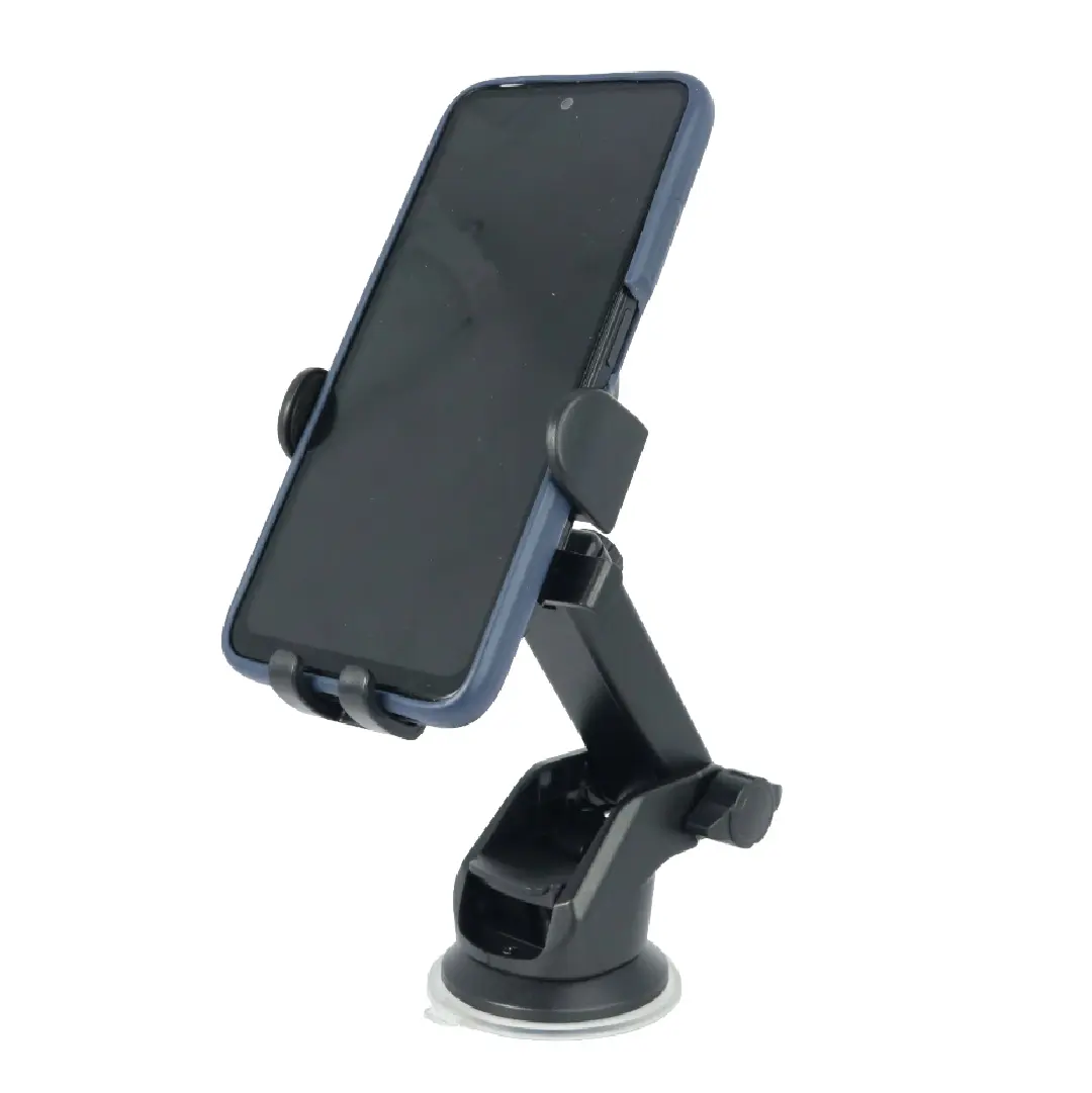 Soporte para celular negro con ventosa de succión, brazo articulado ajustable y cabezal giratorio para vehículo.