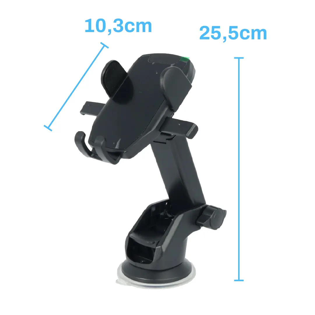 Soporte para celular negro con ventosa, brazo extensible de 25,5 cm, pinza de 10,3 cm y rotación 360 grados.
