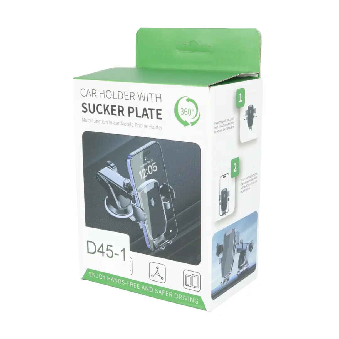 Caja de cartón blanca y verde para soporte de celular con ventosa y rotación 360, modelo D45-1, con del producto instalado y gráficos de uso.