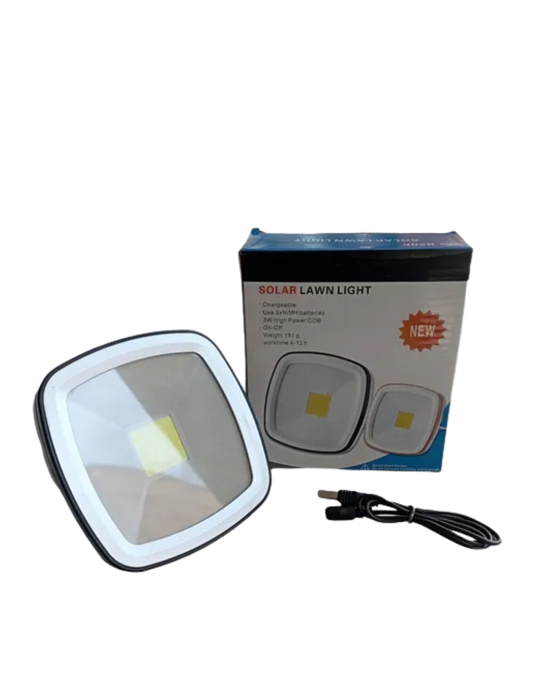 Lámpara solar LED cuadrada con marco blanco, caja de empaque y cable de carga USB negro para iluminación de exteriores.