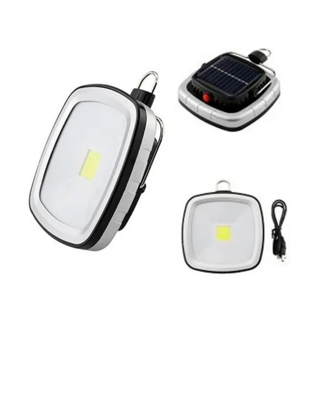 Lámpara solar LED portátil para camping en blanco y negro. Se muestra en vista frontal, lateral con panel solar y con cable de carga USB.