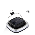 Lámpara solar LED recargable portátil gris y negra con panel solar superior y gancho metálico para colgar en exteriores.