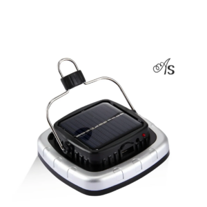Lámpara solar LED recargable portátil gris y negra con panel solar superior y gancho metálico para colgar en exteriores.